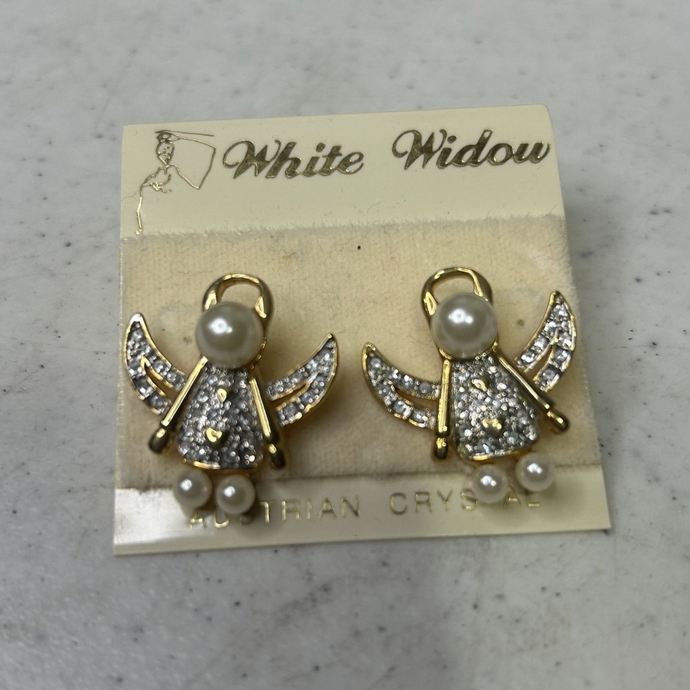 White Widow Austrian Crystal Angel Wing Earrings Gold Tone Rhinestone Stud Lot 2